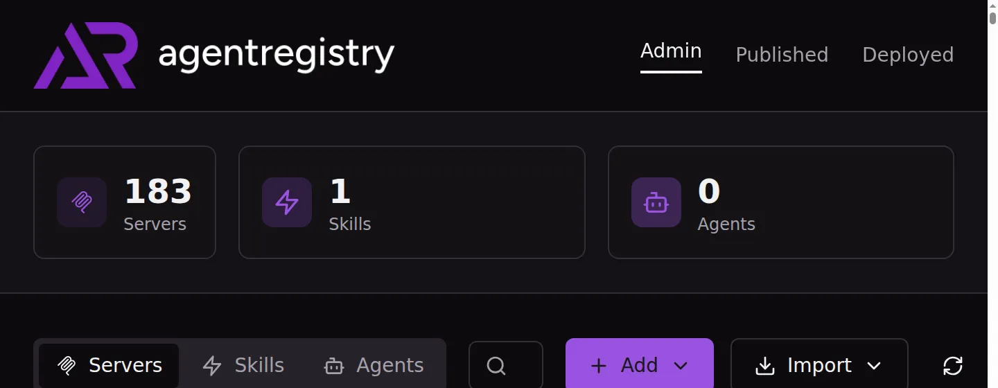 AgentRegistry web UI showing the admin view with 183 registered MCP servers, 1 skill, and 0 agents