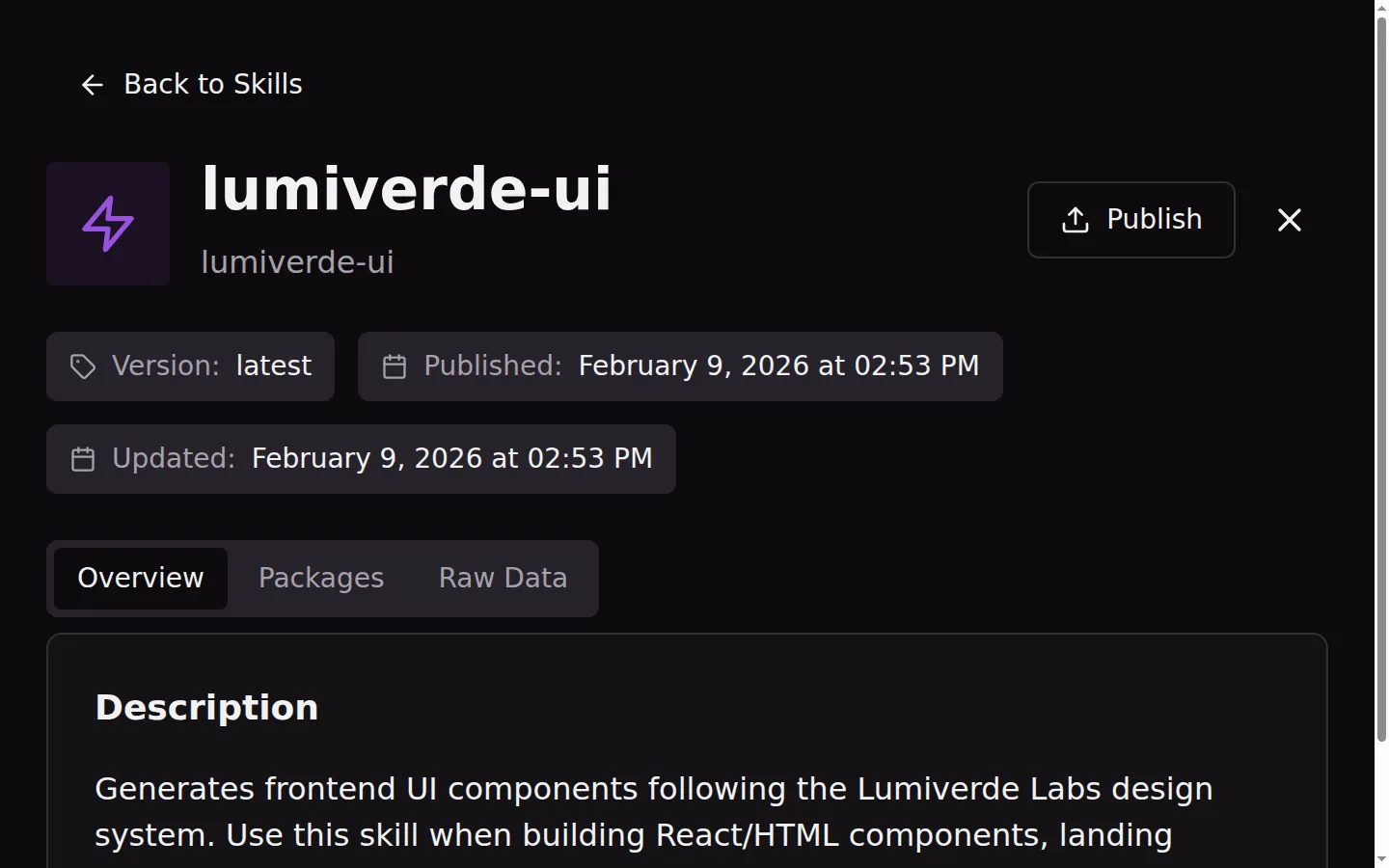 Skill detail view showing metadata and package information