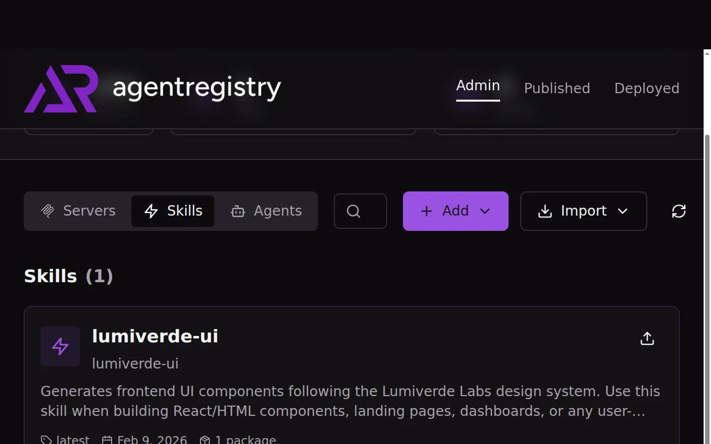 AgentRegistry skills tab showing published skills