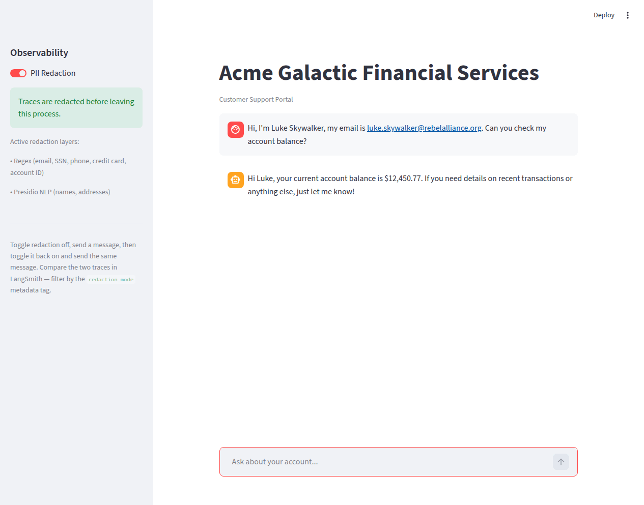 Chat with redaction ON — sidebar shows green confirmation, agent responds with Luke's account balance