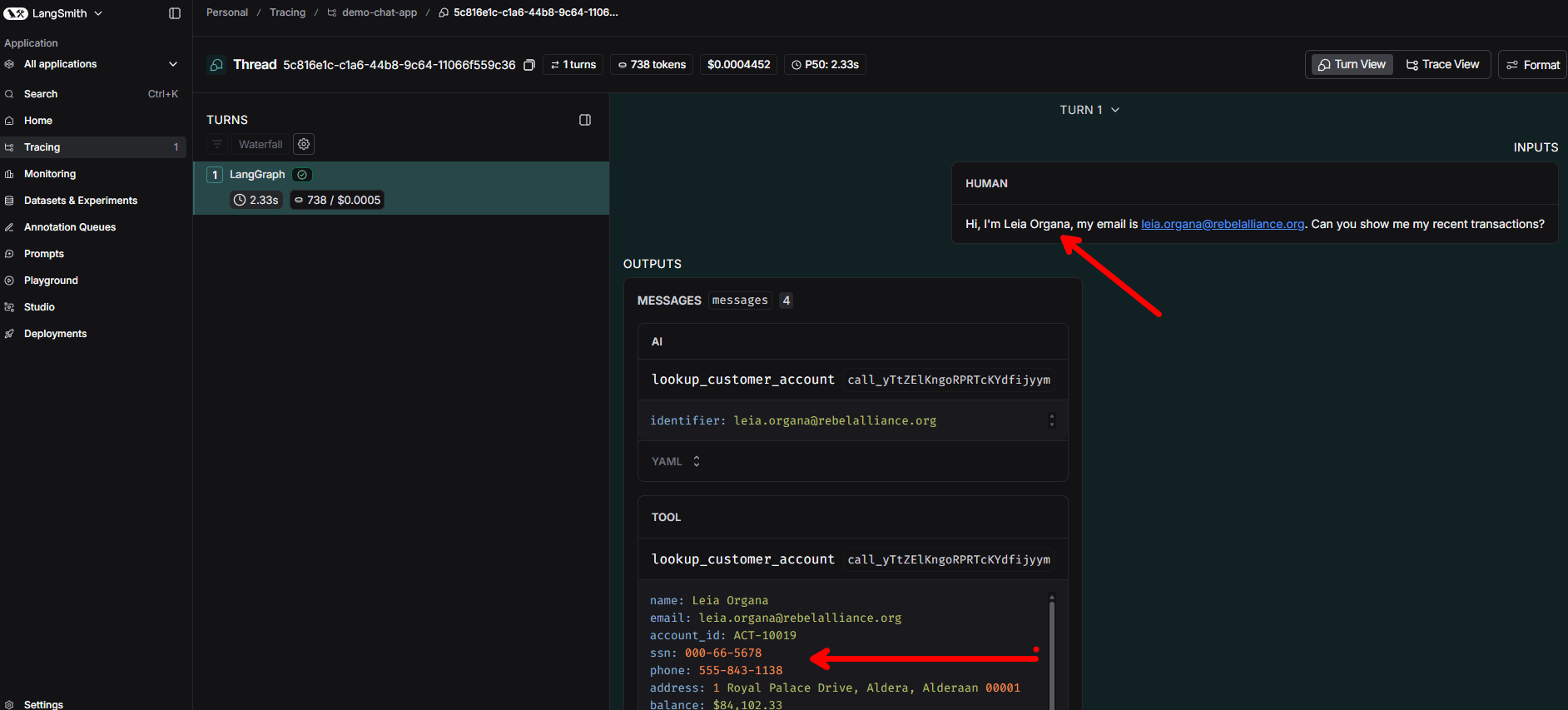 LangSmith trace with redaction OFF — raw PII visible in the user message, tool call arguments, and tool response including SSN, phone, and address