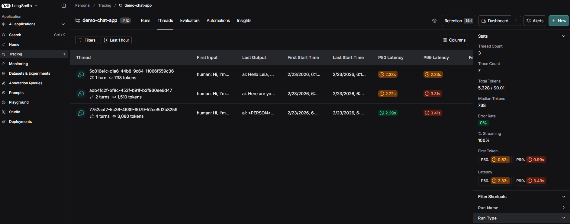 LangSmith Threads view — three conversation threads grouped by thread_id, with turn counts, token usage, and latency stats